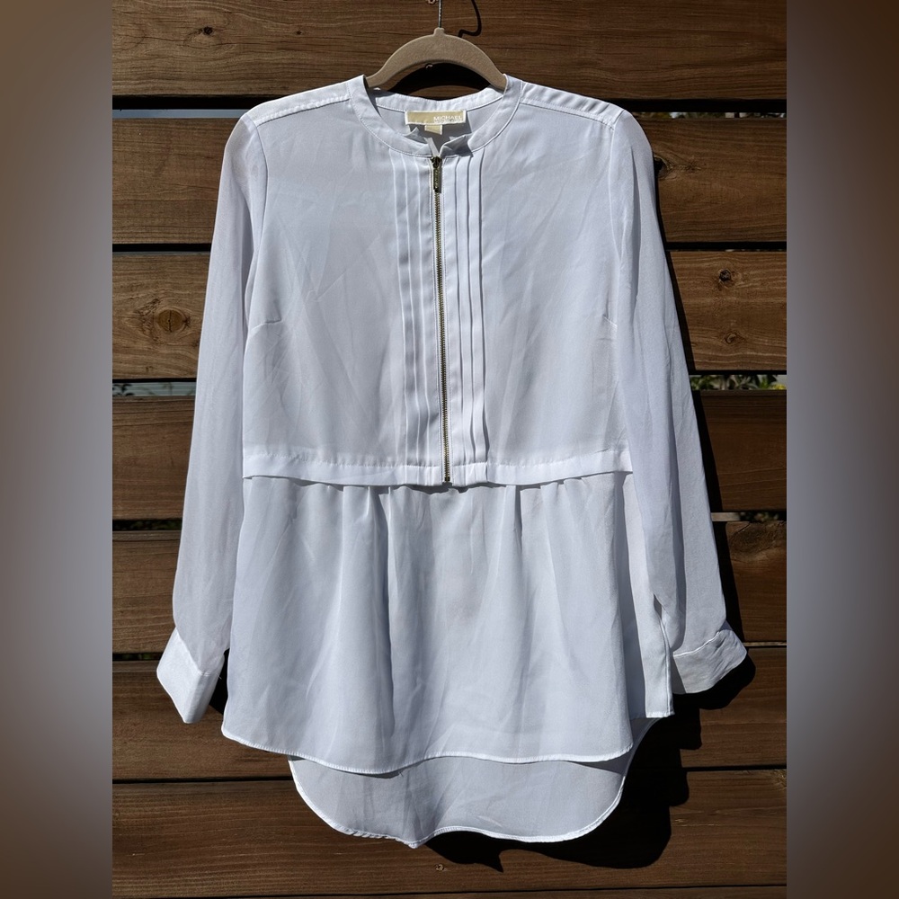 Michael Kors Sheer White Flowy 1/2 Zip Tunic Blouse